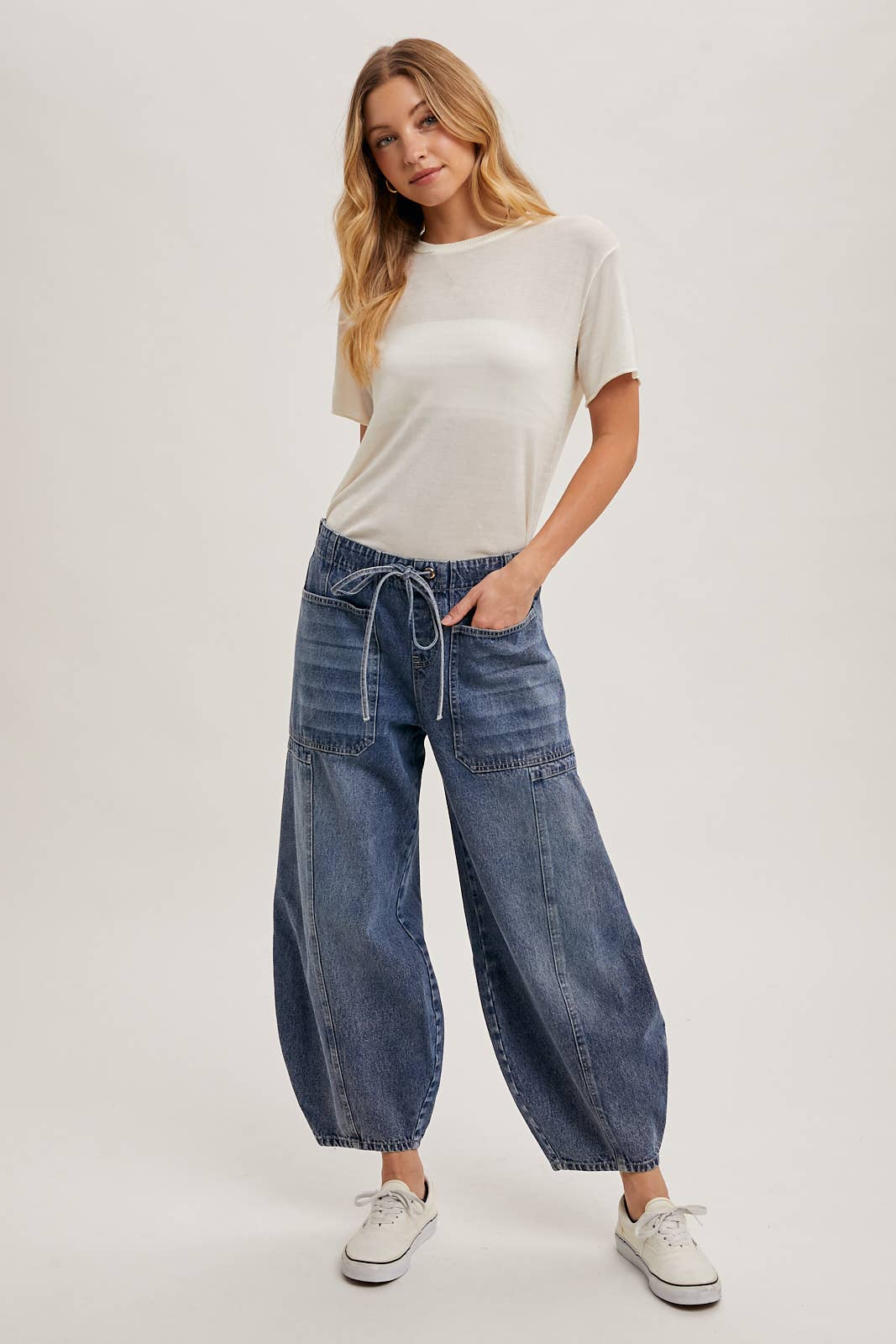 Women's mid-waist drawstring barrel jeans, medium wash, styled with white tee