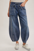 Women's mid-waist drawstring barrel jeans, medium wash, front view