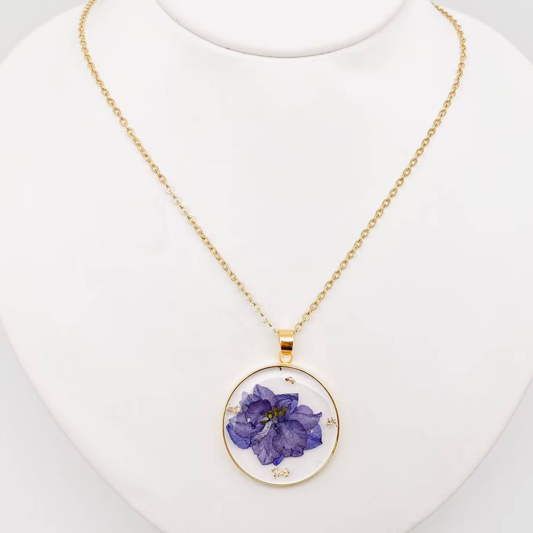 Genuine Pressed Flowers Pendant Necklace 1.25"DIA Round, Delphinium Purple