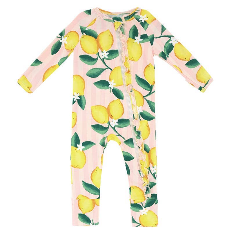 Bamboo Zippered L/S Convertible Ruffled Romper - Pink Stripe Lemons