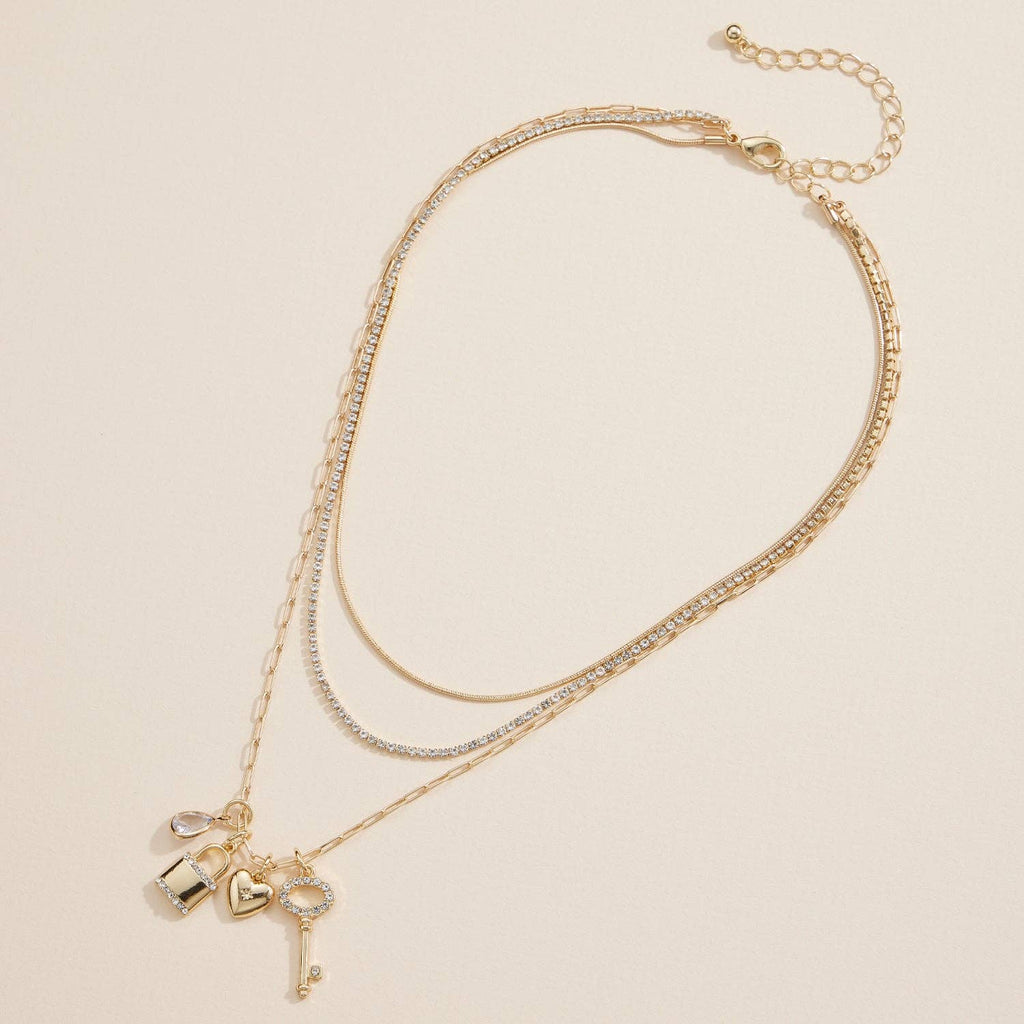 Layered Necklace with Lock, Key & Heart Charms: Gold / One / 4SN11049