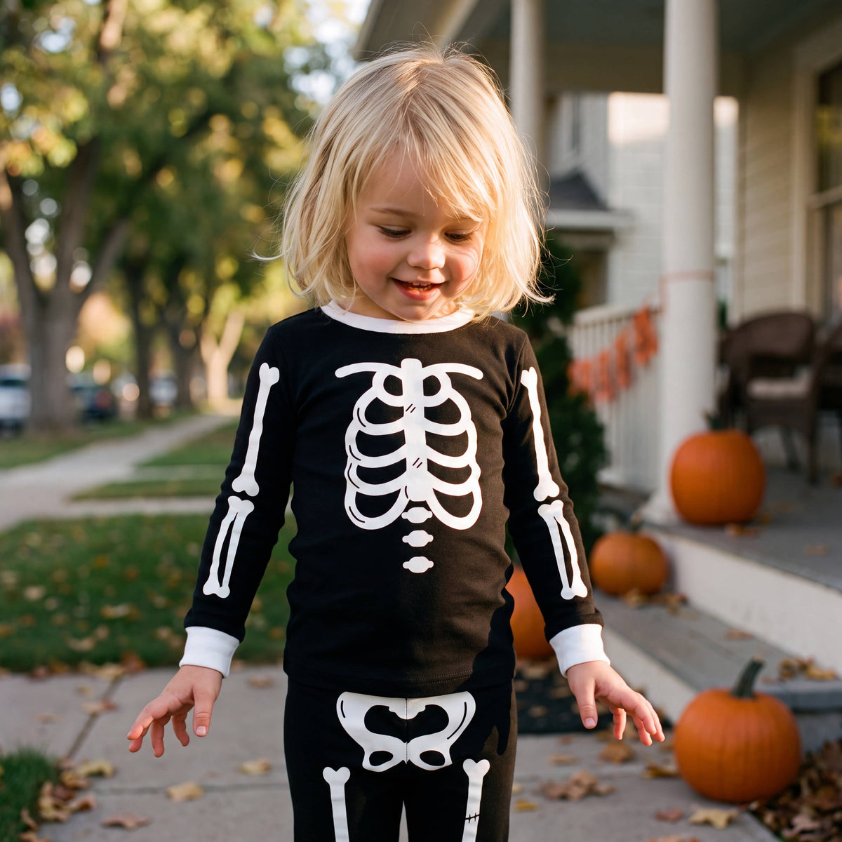 Glow in the dark skeleton pajama set, worn by toddler outdoors with pumpkins