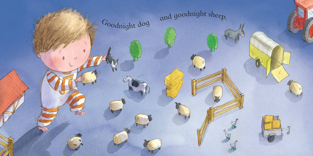 Goodnight Tractor bedtime story book, inside spread with a boy and farm machines