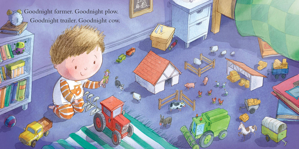 Goodnight Tractor bedtime story book, inside spread with farm toys