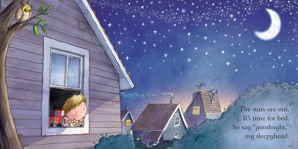 Goodnight Tractor bedtime story book, inside spread with a farmhouse at night