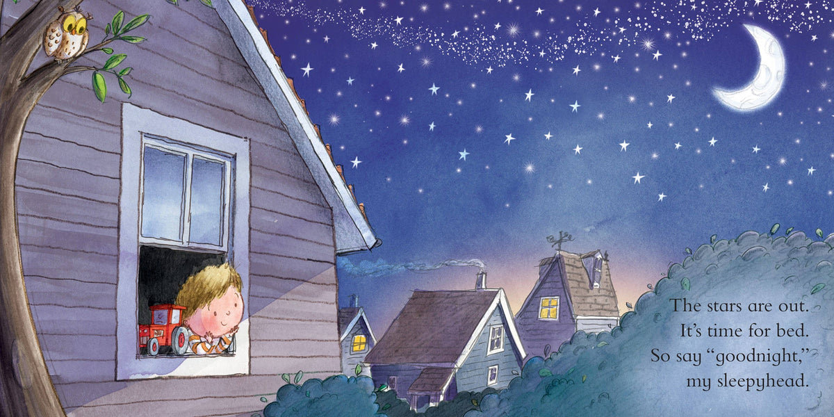 Goodnight Tractor bedtime story book, inside spread with a farmhouse at night