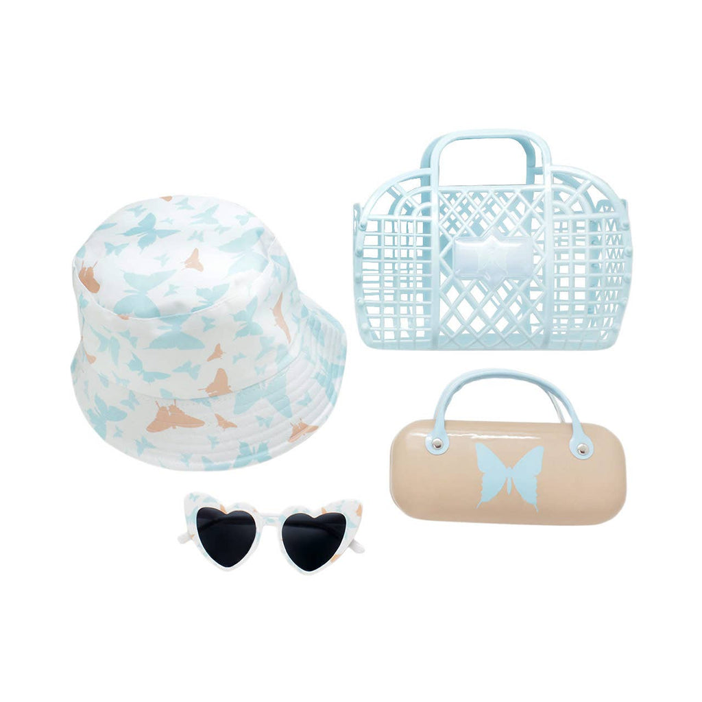 Kids Sunglasses, Carrying Case, Bucket Sun Hat, and Beach Bag 4 PC Set, Blue Butterfly, 2Y-5Y