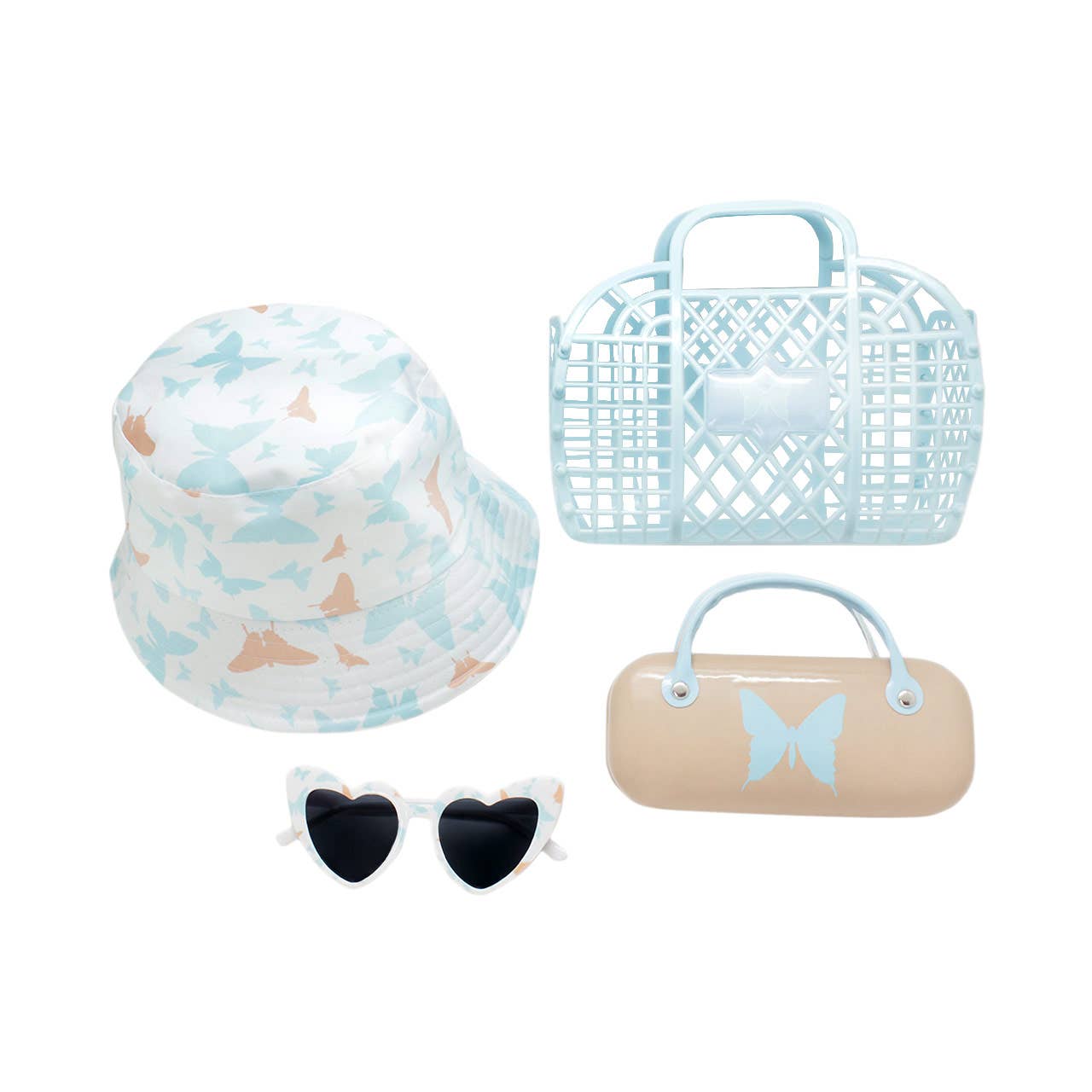 Kids Sunglasses, Carrying Case, Bucket Sun Hat, and Beach Bag 4 PC Set, Blue Butterfly, 2Y-5Y