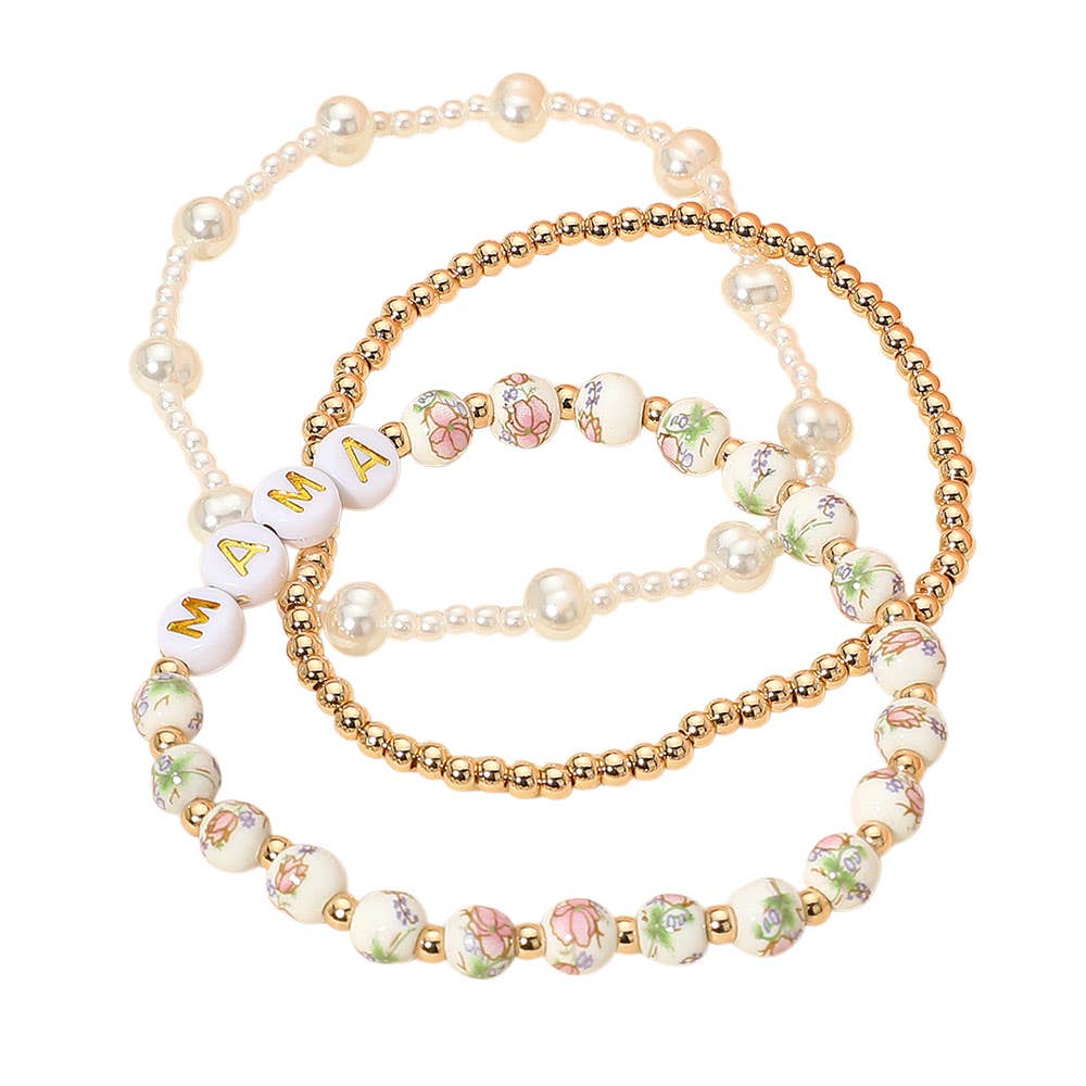 3PCS - MAMA Message Floral Ceramic Ball Pearl Beaded Stretch Multi Layered Bracelets