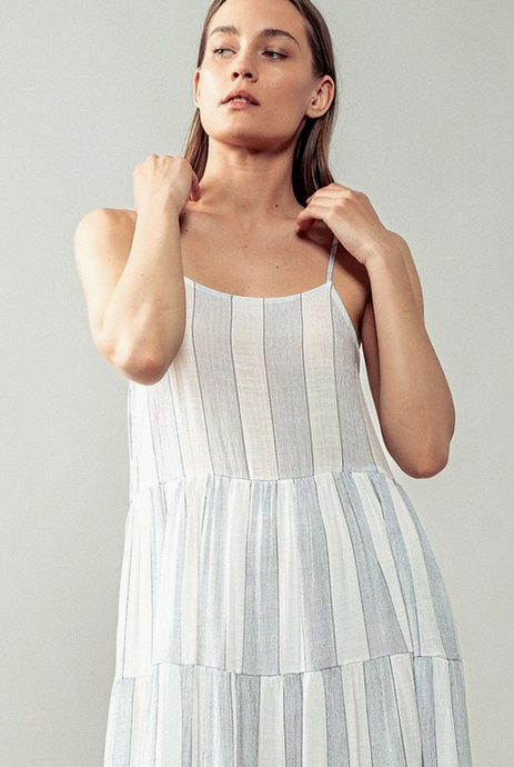 Women's/Junior Spaghetti Strap Midi Length Sun Dress - Block Striped Blue/White