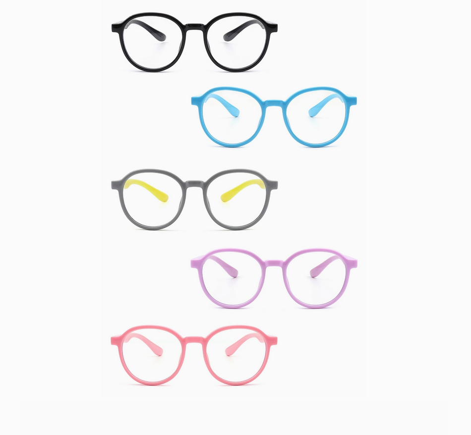 Kids round blue light blocking glasses in all five colors: black, sky blue, gray and yellow, lavender and pink