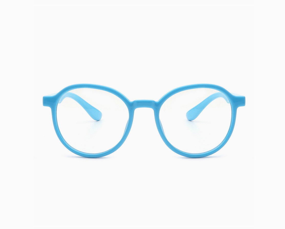 Kids round blue light blocking glasses in Hard Candy Sky Blue, front view