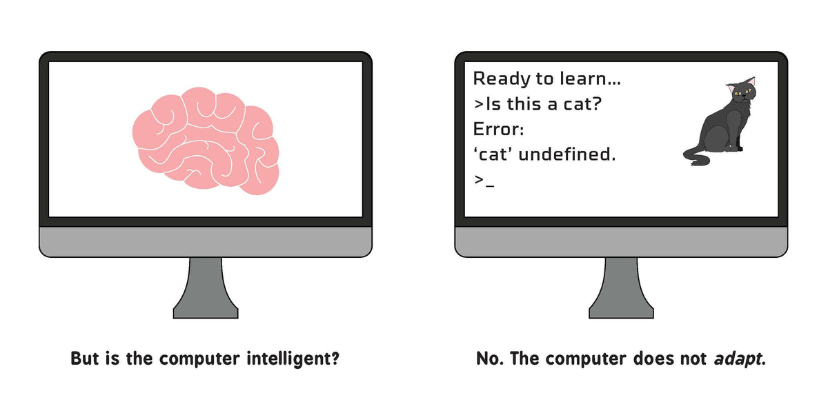 Artificial Intelligence for Babies board book, inside pages, a brain and a computer that cannot adapt