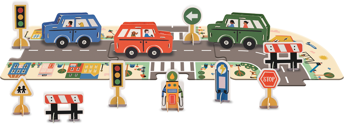 Busy Town 3D Play Set figures arranged along a town road (road pieces sold separately)