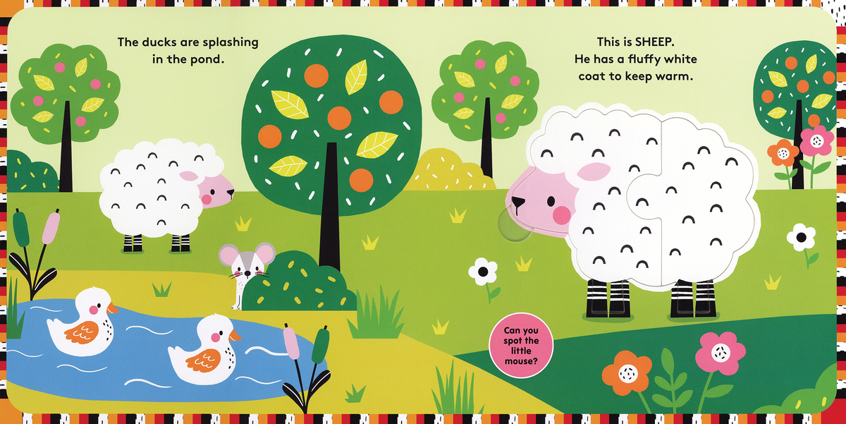 Jigsaw Jumble Farm inside spread with the sheep puzzle by the duck pond
