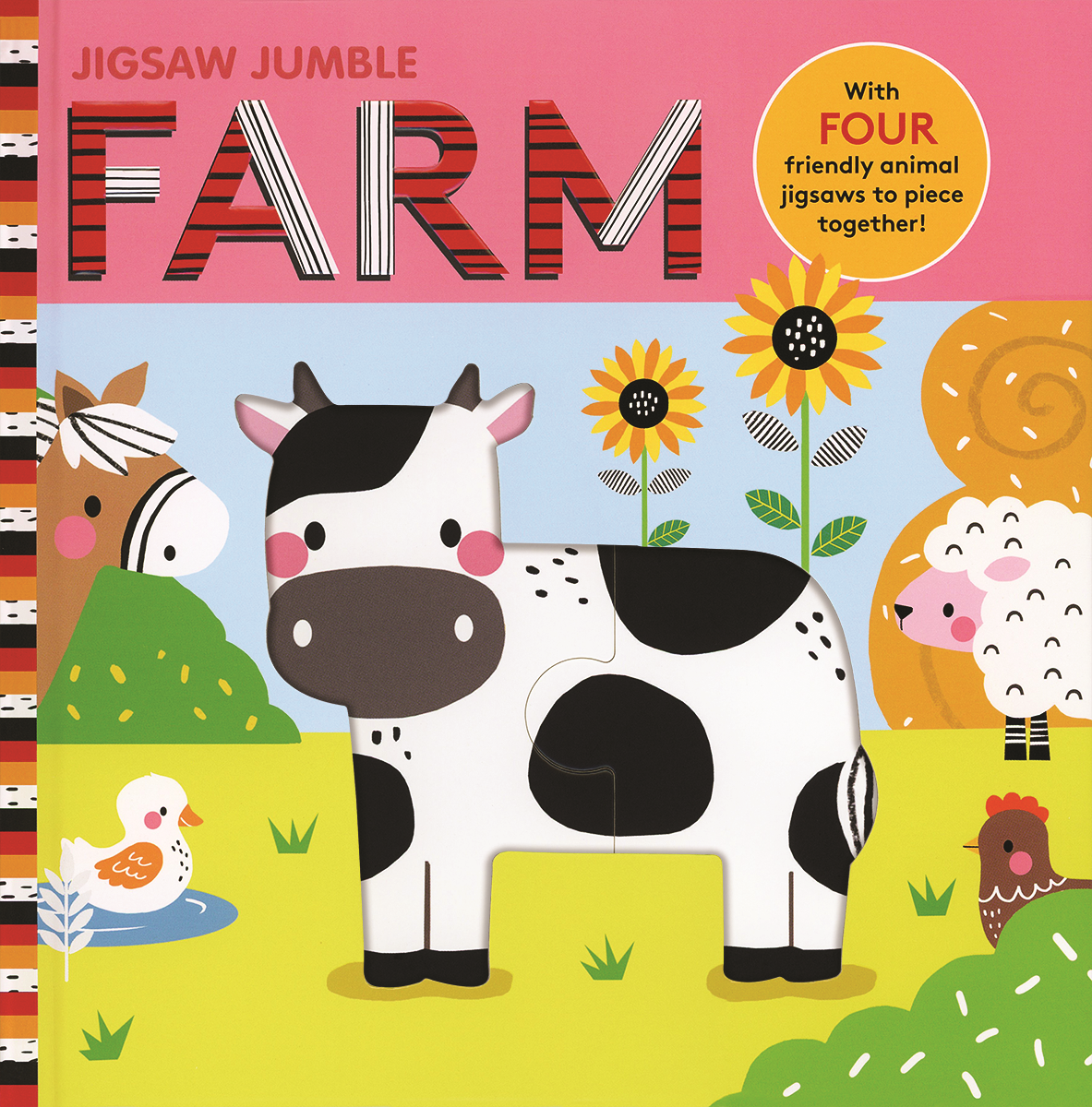 Jigsaw Jumble Farm puzzle board book cover with a cow, sheep and sunflowers
