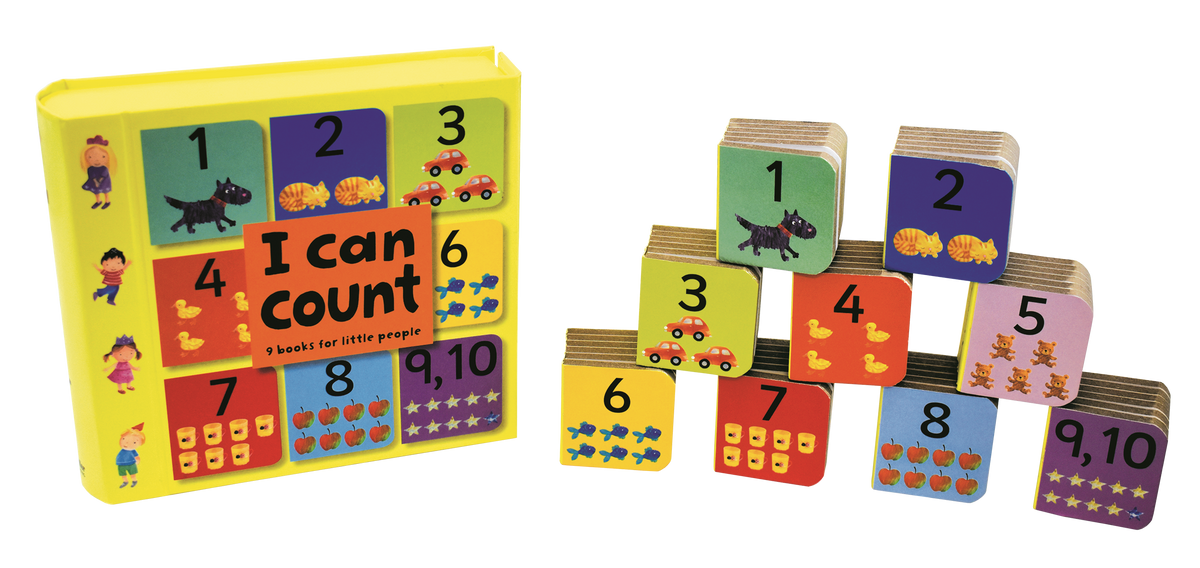 I Can Count mini board books stacked in front of the case