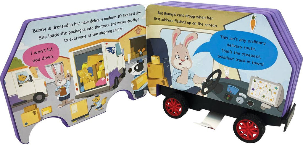 Delivery Truck pull-back book opened to show the story pages and wheels