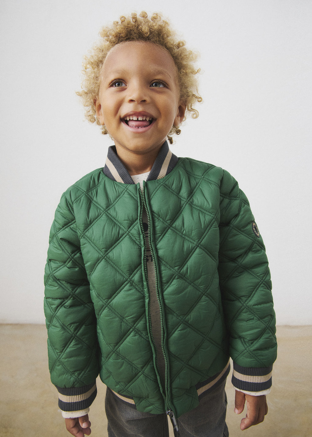 Mayoral 4468 mini boy dark green quilted bomber puffer jacket - on model