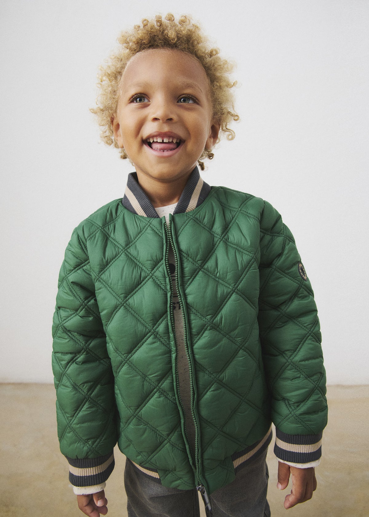 Mayoral 4468 mini boy dark green quilted bomber puffer jacket - on model