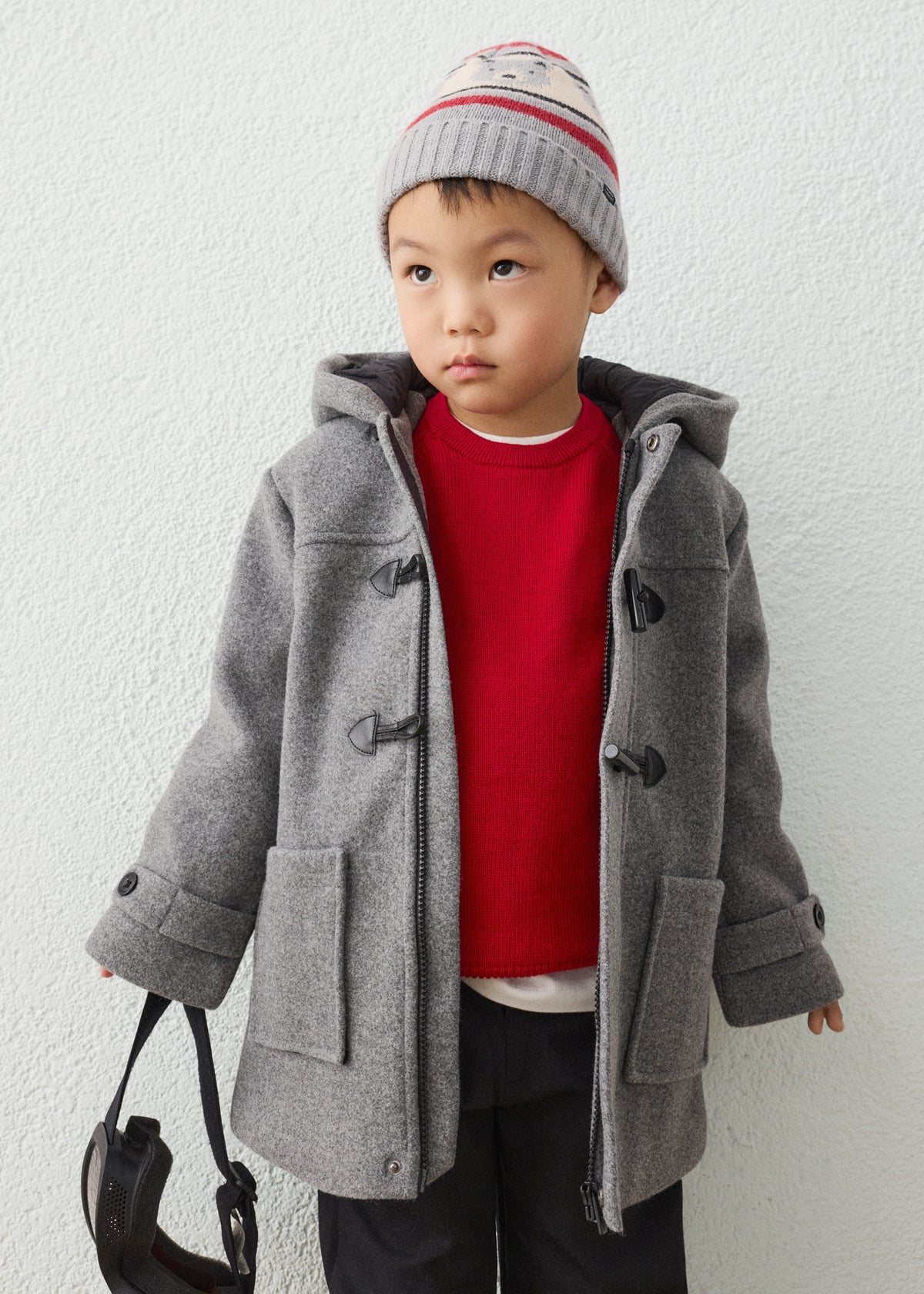 Mayoral 4472 mini boy charcoal grey classic hooded toggle duffle coat - on model