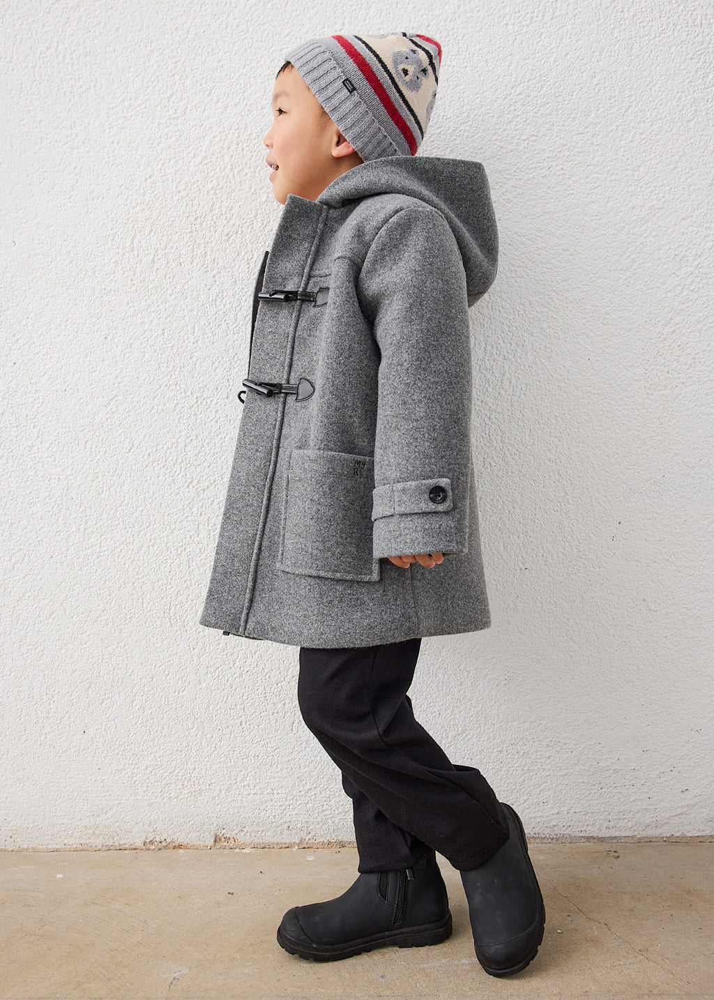 Mayoral 4472 mini boy charcoal grey classic hooded toggle duffle coat - on model side