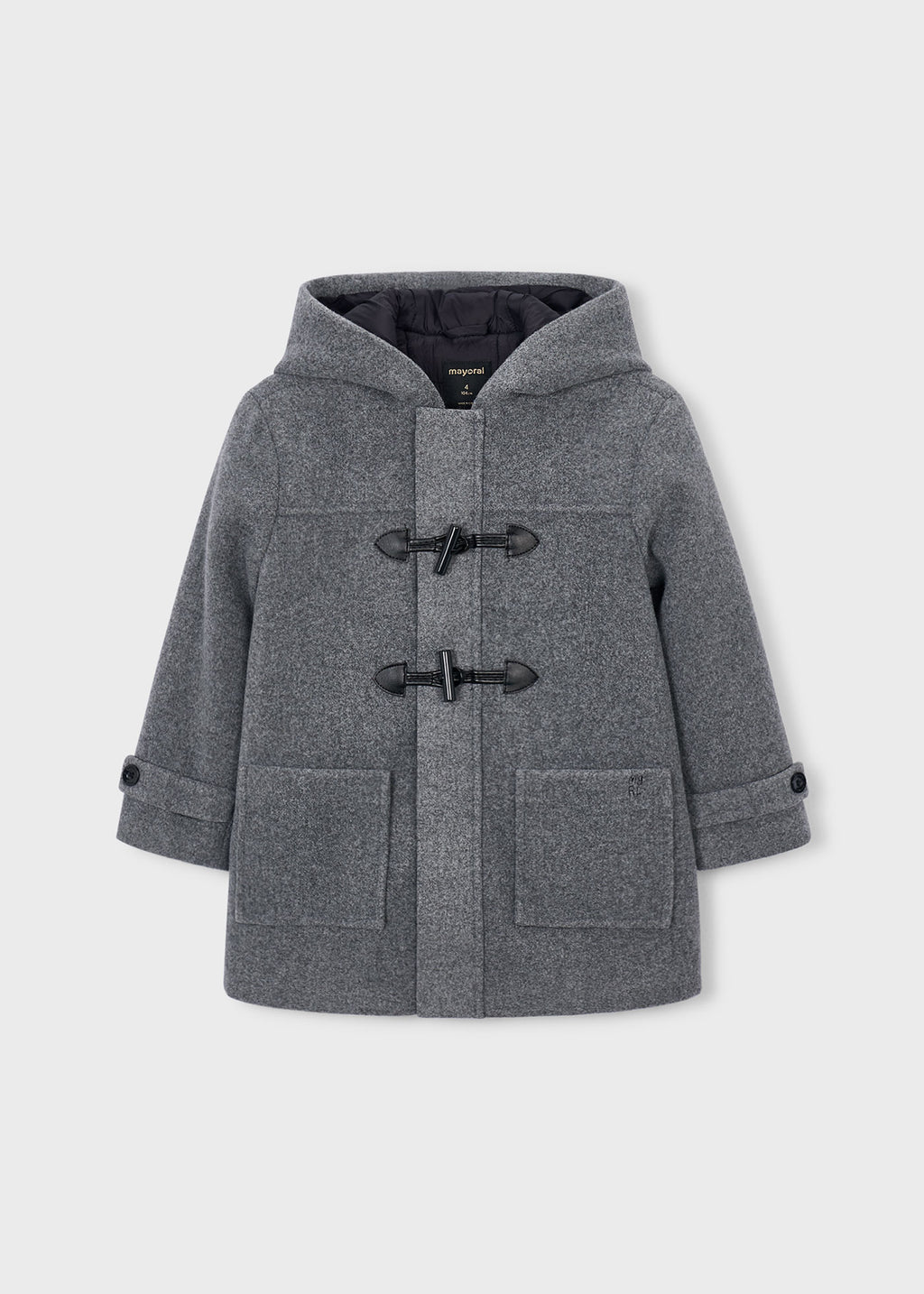 Mayoral 4472 mini boy charcoal grey classic hooded toggle duffle coat - front