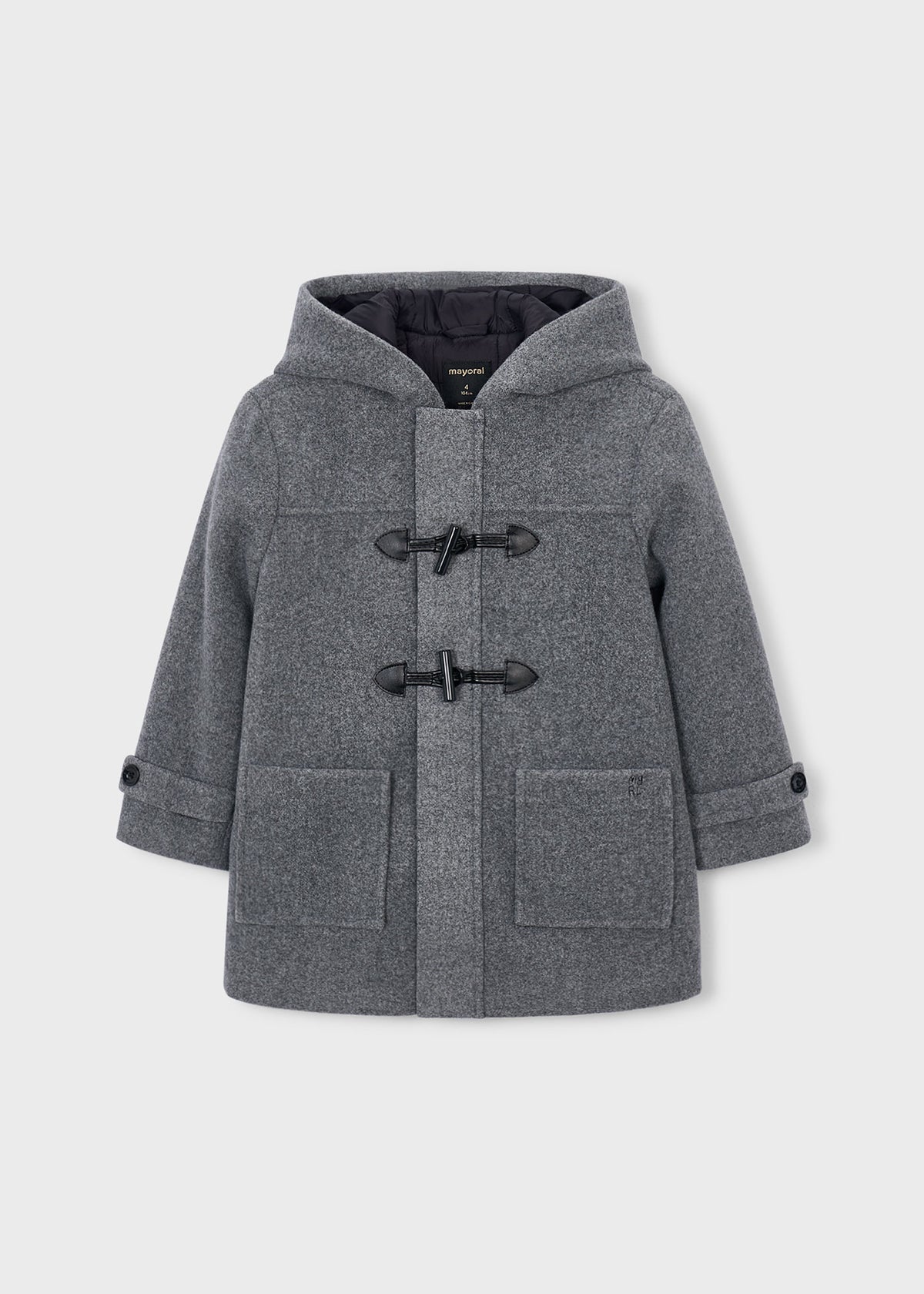 Mayoral 4472 mini boy charcoal grey classic hooded toggle duffle coat - front
