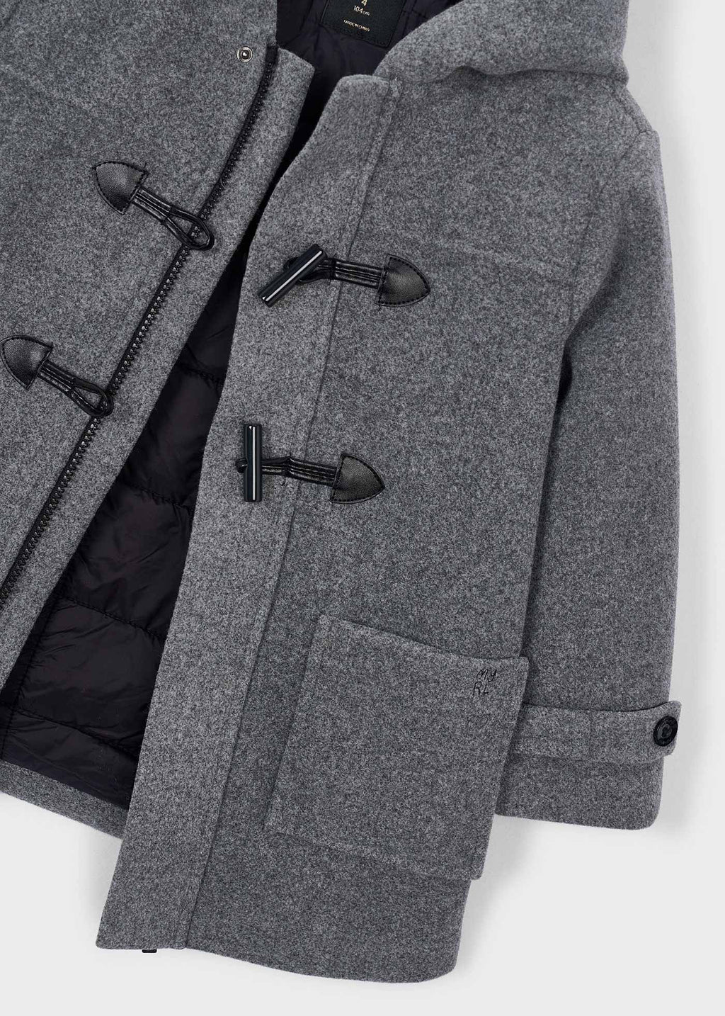 Mayoral 4472 mini boy charcoal grey classic hooded toggle duffle coat - detail