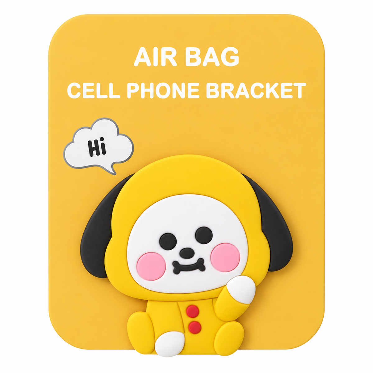BT21 Chimmy yellow puppy silicone phone grip, on its retail card