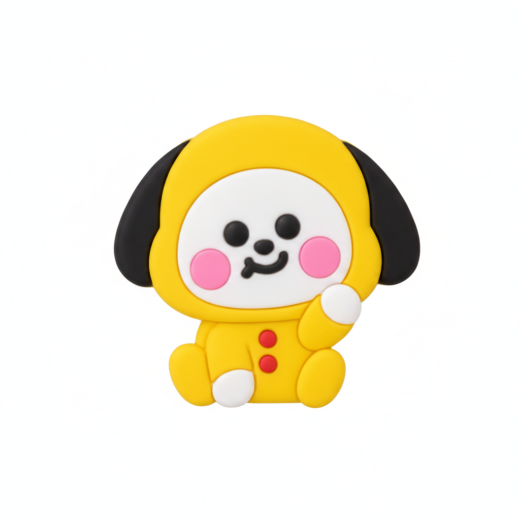 BT21 Chimmy yellow puppy silicone phone grip, close-up