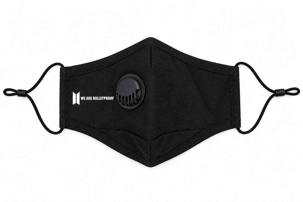BTS We are Bulletproof black cotton face mask with vent, side view