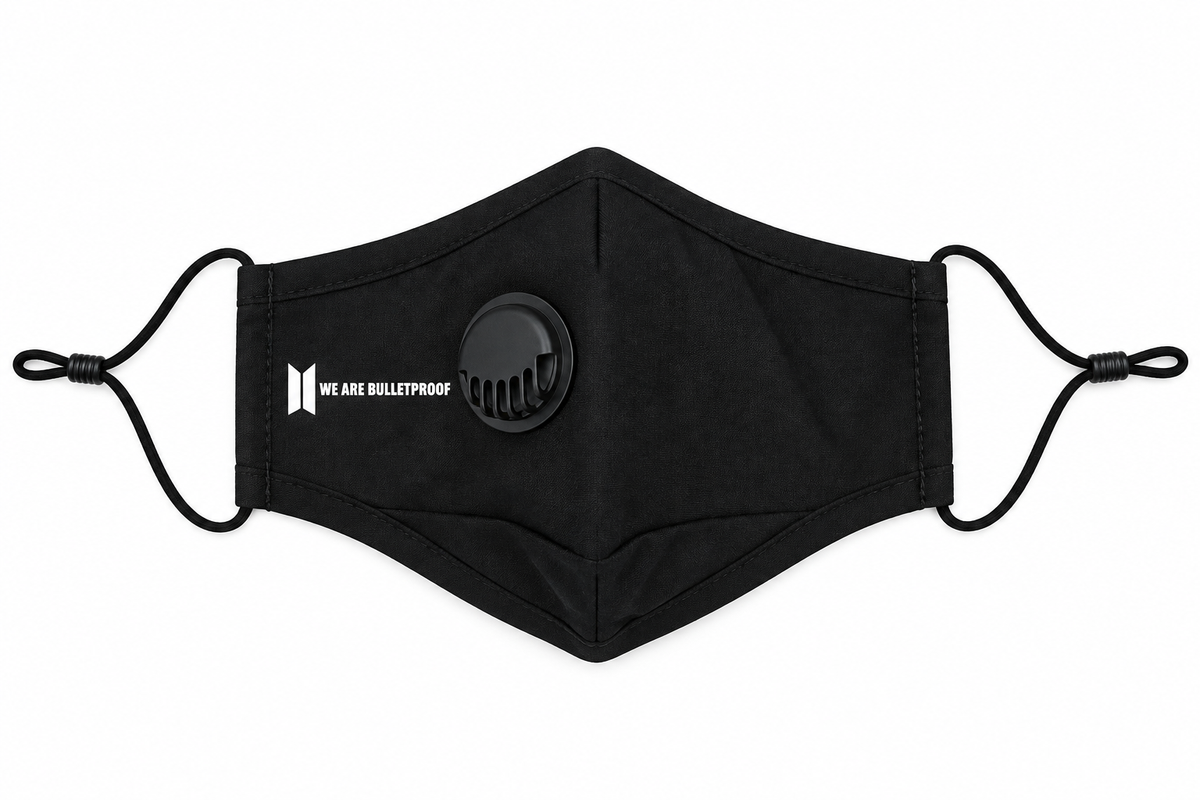 BTS We are Bulletproof black cotton face mask with vent, side view