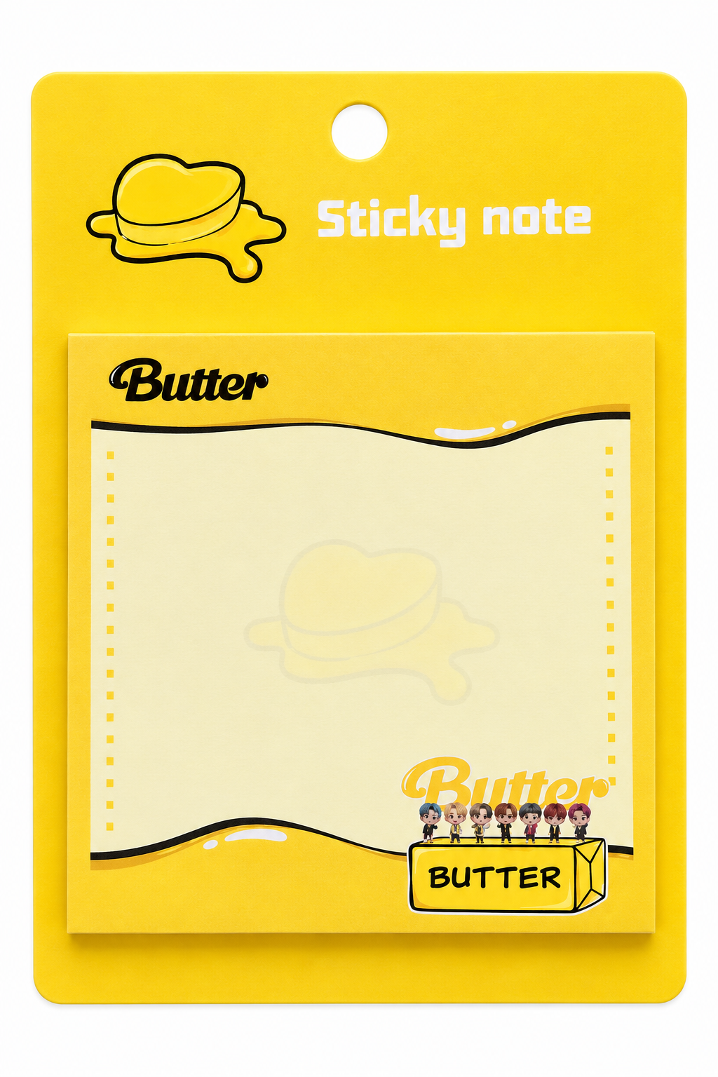 BTS Butter logo sticky notes pad in yellow packaging