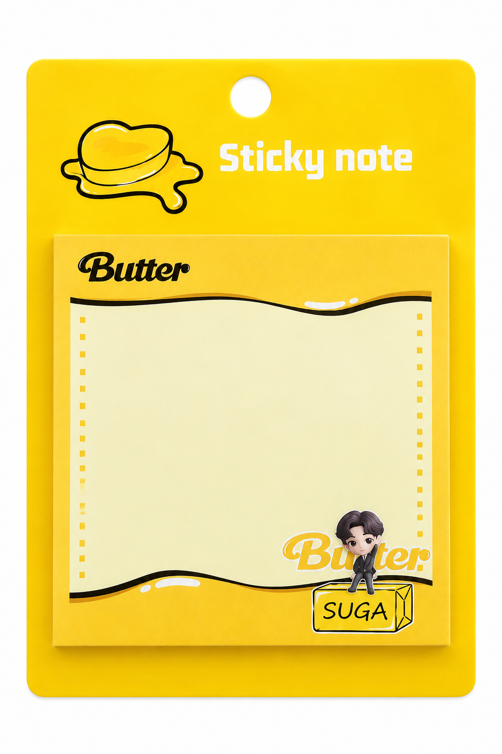 BTS Butter Suga sticky notes pad in yellow packaging