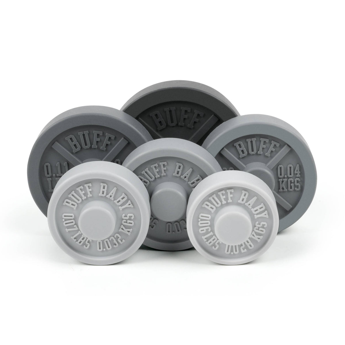 Fred & Friends Buff Baby weight plate stacker and teether, six plates spread out