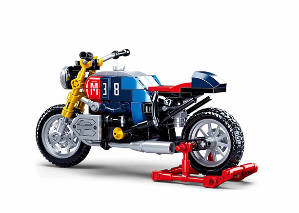 Colorful motorcycle building brick kit, on its display stand