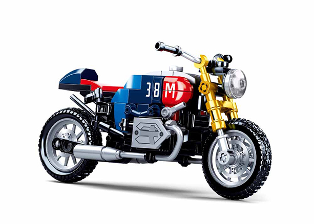 Colorful motorcycle building brick kit, side view