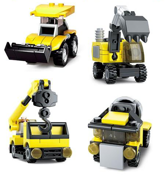 Construction vehicle building brick blind pack, all four vehicles