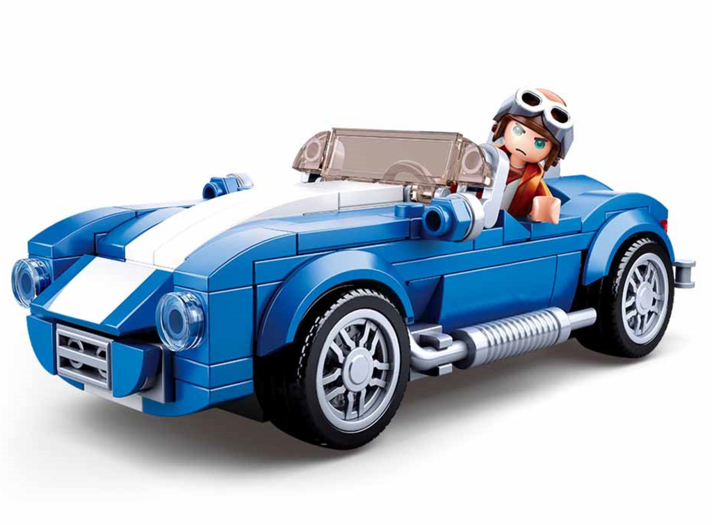 Blue and white Cobra race car building brick kit, built race car with driver