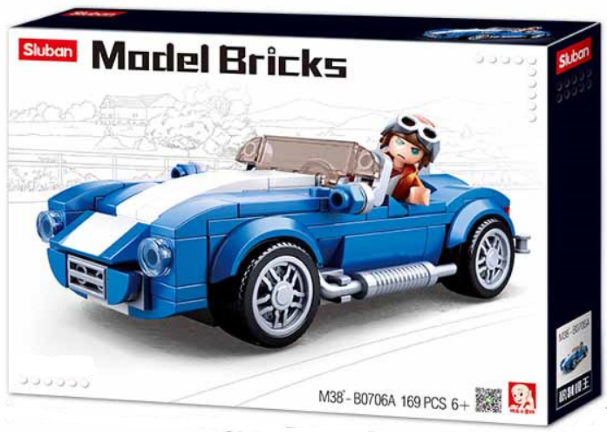 Blue and white Cobra race car building brick kit, box