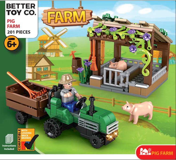 Pig farm and tractor building brick kit, box