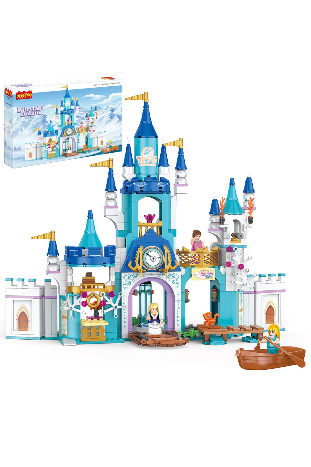 Fairytale blue castle building brick set, built castle with minifigures
