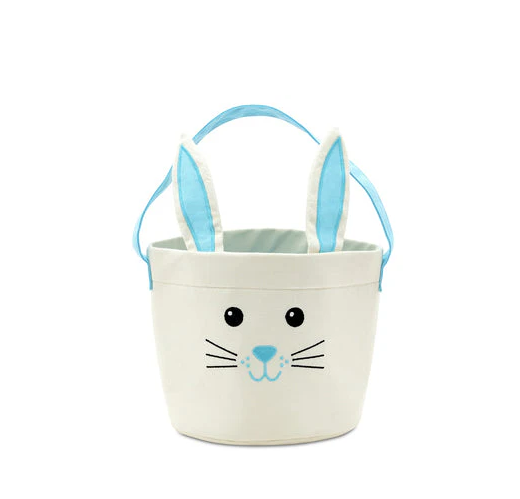 Natural canvas bunny Easter basket with blue gingham, front view