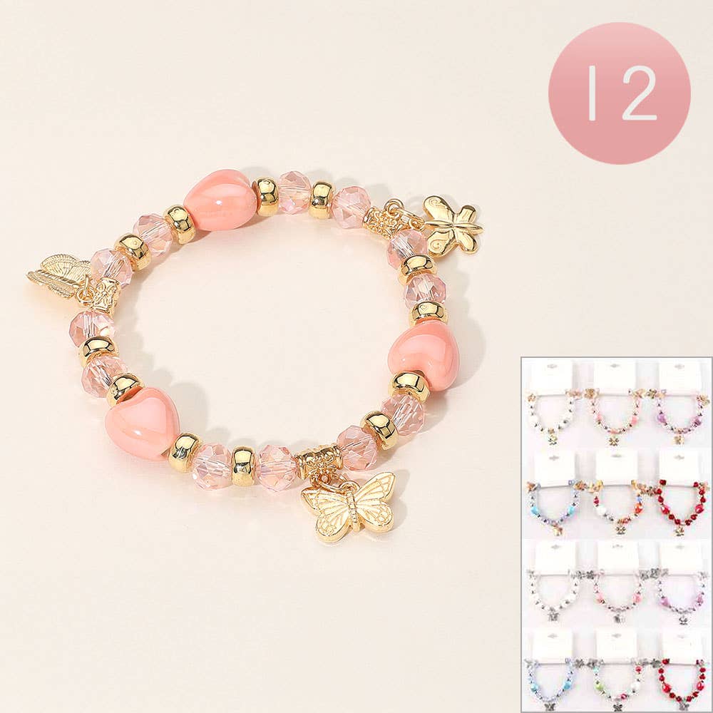 Butterfly charm heart beaded stretch bracelet, peachy pink, with color card