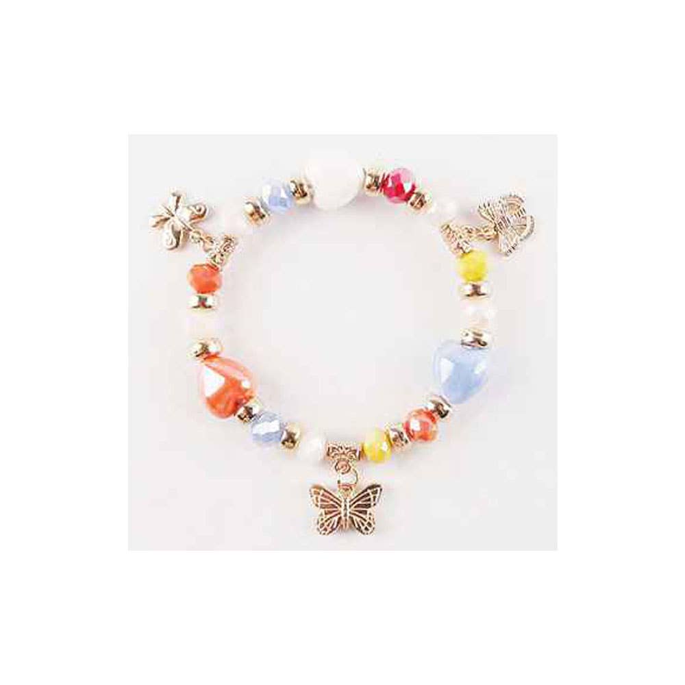 Butterfly charm heart beaded stretch bracelet, peachy pink, other color option