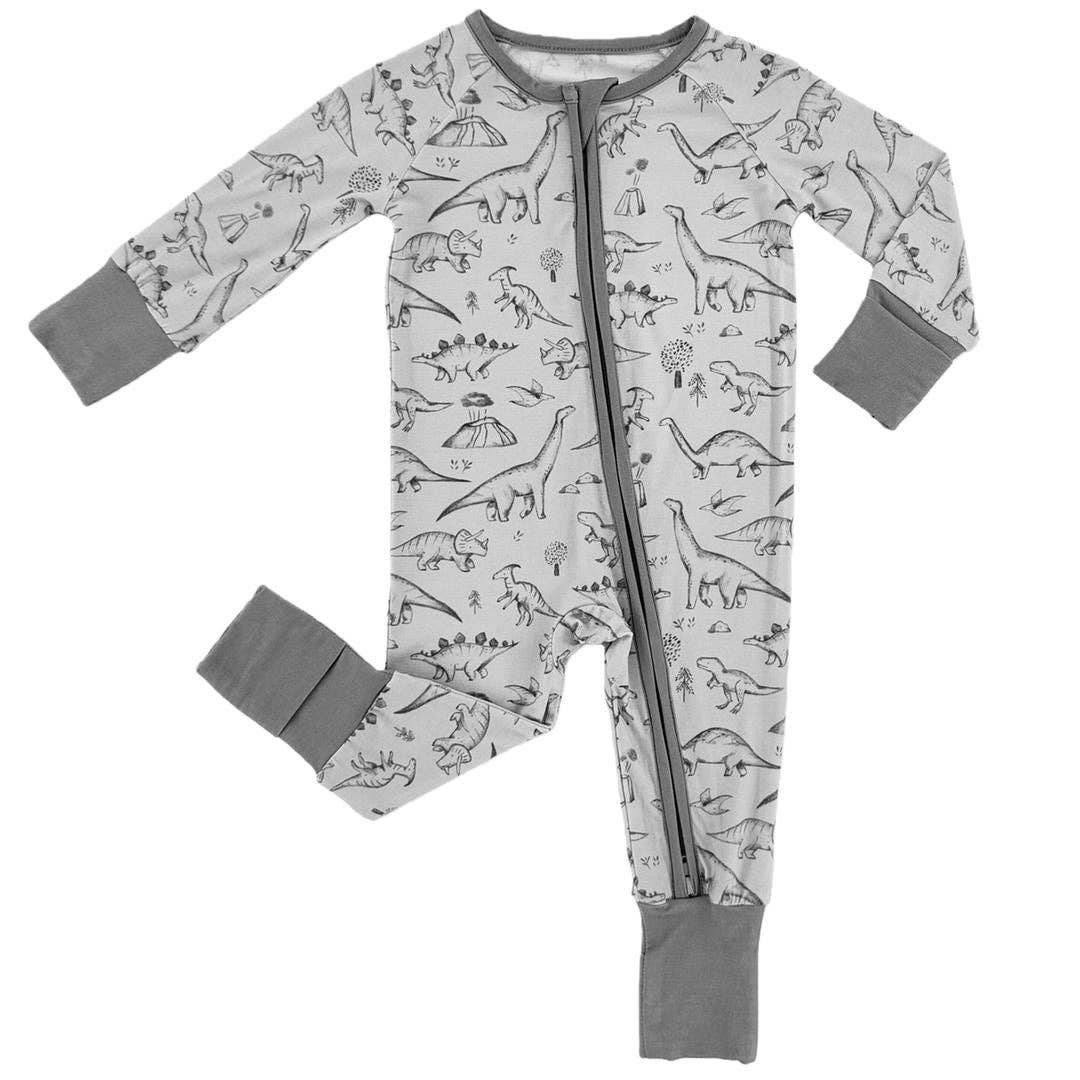 Bamboo Zippered L/S Convertible Romper - Dino Doodles, Fog Grey