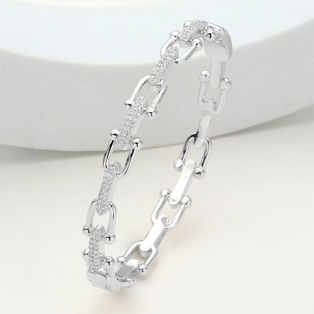 Equestrian CZ Pave Crystal Horseshoe Buckle Hinged Bangle Bracelet: Silver