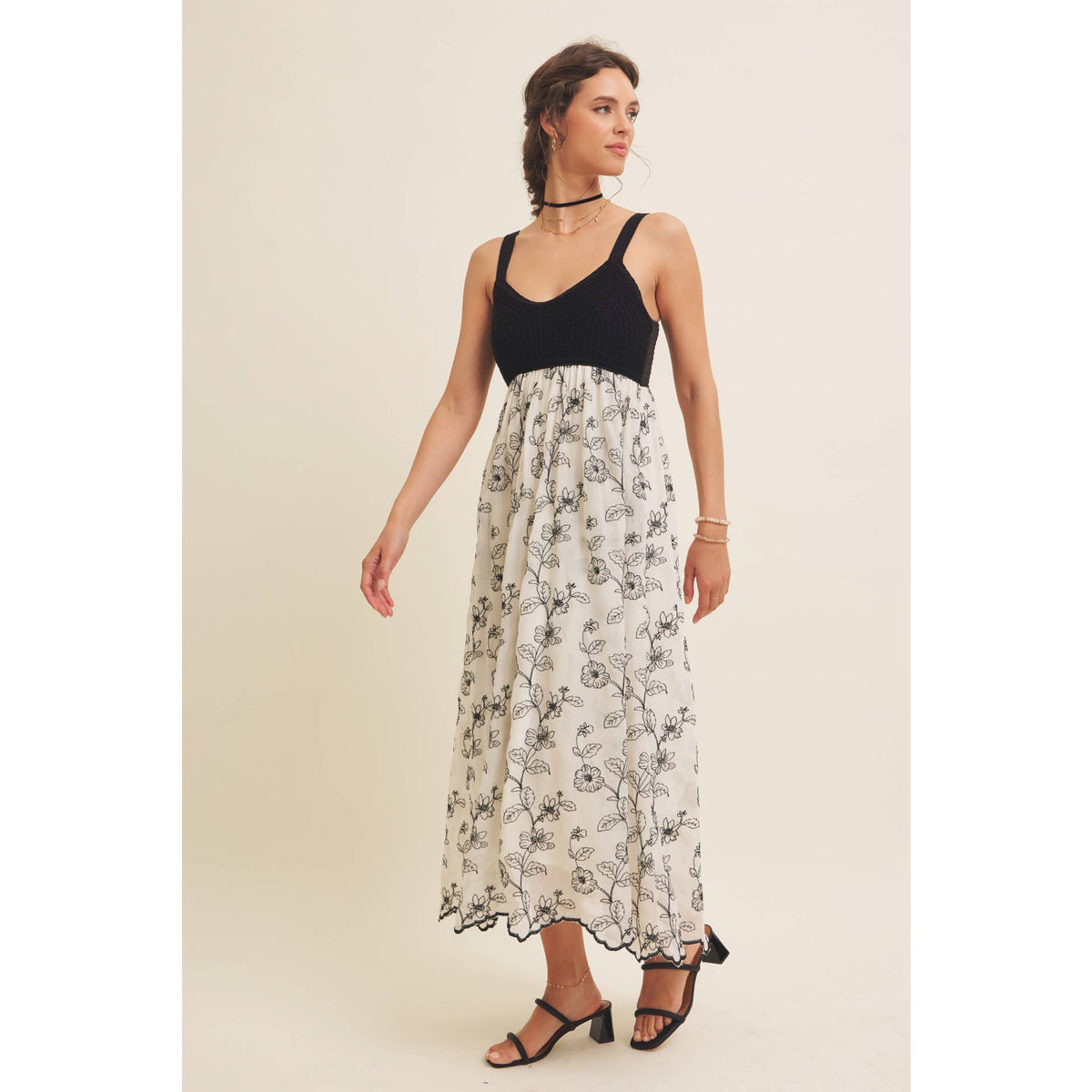 Women's Knit Spaghetti Top Two-fer Embroidered Midi Sun Dress with Pockets, Cream and Black