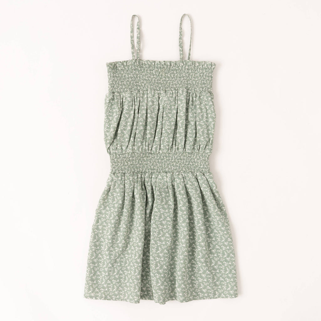 Mini/Tween Girls Ditsy Daisy Smock Waist Sun Dress: Light Sage Green with White Micro Flowers